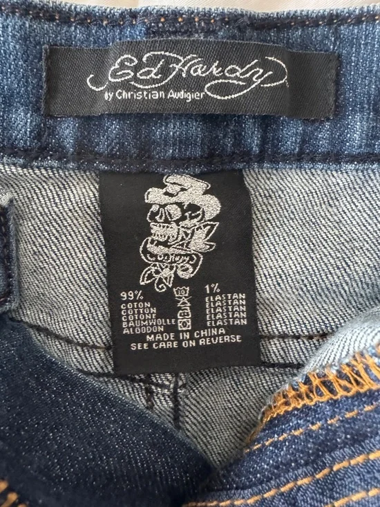 Vintage Ed Hardy Denim Mini Skirt sz 29 Y2K Love Kills Slowly Graphic Distressed - Picture 8 of 9